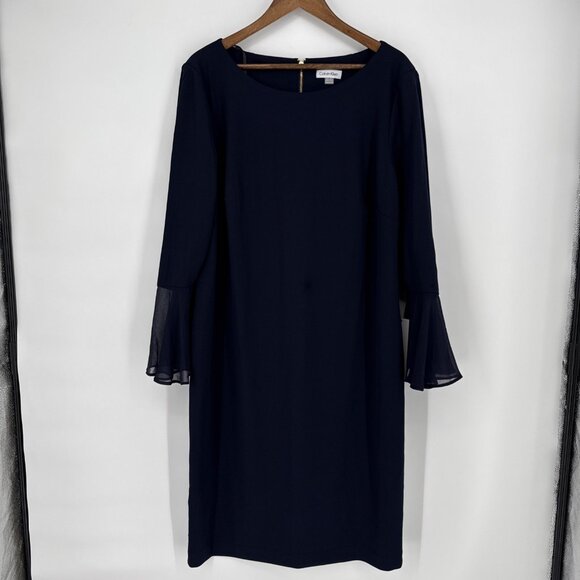 New CALVIN KLEIN Plus Size 20W Navy Blue 3/4 Bell Sleeve Boat Neck Sheath Dress - Picture 3 of 9